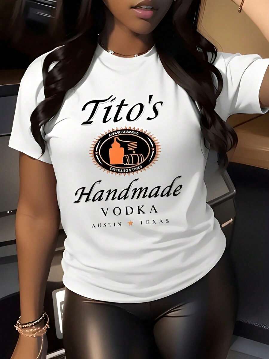 Tito's Handmade Vodka Logo Printed Cotton T-Shirt Brand Graphic Tee,Casual Soft Short-Sleeved 100% Cotton 220g T-Shirt - 白色 - 查看 1
