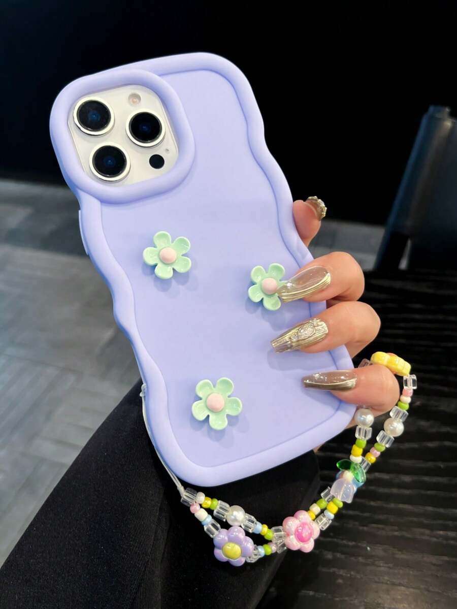 1个可爱紫色波浪边3D立体花朵手机壳，配有3D立体花朵串珠链，防震、防滑、防刮，兼容苹果17 Pro Max、17/16/15/14/13/12/11系列、S20-S25系列、Note 14/13/12系列和A56 5G，是情人节/新年礼物的完美之选。