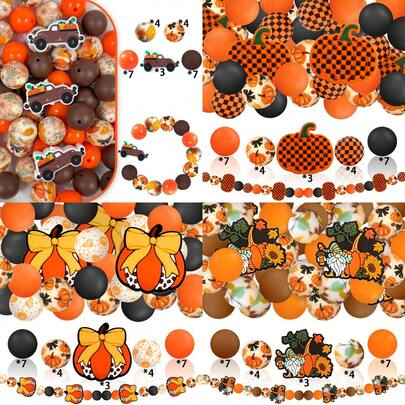 25颗硅胶珠，万圣节南瓜系列，包含南瓜、南瓜马车、南瓜蝴蝶结、秋季印花、心形等图案，时尚设计，适用于珠宝制作、DIY手链、挂绳、串珠笔、节日装饰及其他手工艺品——是生日、春季、夏季、父亲节、母亲节的理想礼物制作配件——串珠套装，串珠用品