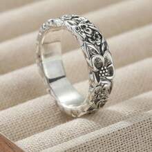 Anello in rame lavorato a mano con motivo floreale elegante e carino, gioiello di moda adatto per feste e raduni, un regalo ideale per le donne - argento antico - Visualizzare 4