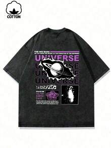 Plus Size Men's Casual Moon & English Text Graphic Print Washed Round Neck Short Sleeve T-Shirt, Daily Wear - Black - View 4