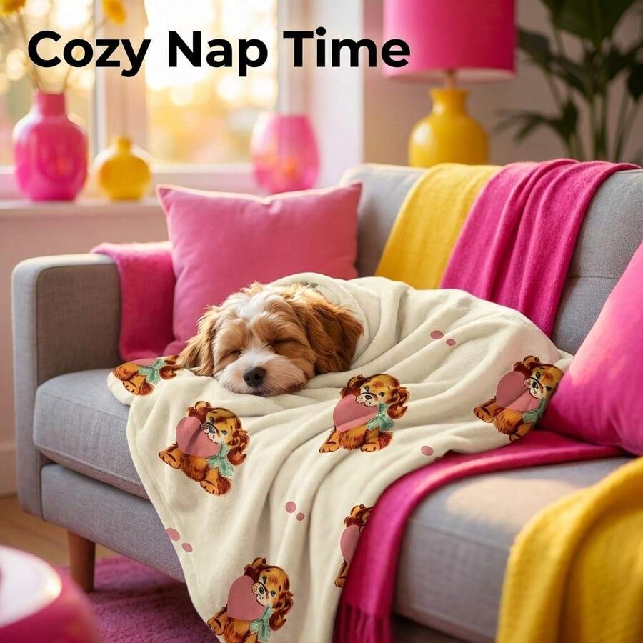 1 Stück bequeme vintage Cartoon Cocker Spaniel Herz Muster Flanell Decke, Schlafzimmer Dekoration, Picknick Teppich, Reisedecke, Wolldecke, Tagesdecke, Überwurf, Herbstdecke, Sommerbettdecke, Schlafzimmerdecke, weiche Decke, Sofabezug, weiches gestricktes Polyester Design, Multifunktional, maschinenwaschbar, Bettwäsche, flauschige Decke und lässige Decke, ideales Geschenk für Zuhause, Reisen, Outdoor, alle Jahreszeiten, Haustierdecke, perfektes Geschenk für Haustiere - 150*200 - Übersicht 1