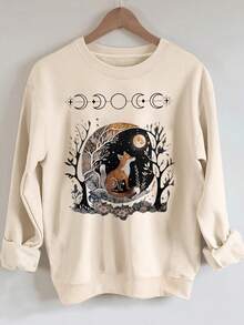 Women's Sweatshirt With Fox Print, Crew Neck, For Casual Wear In Autumn And Spring. - Beige - View 2