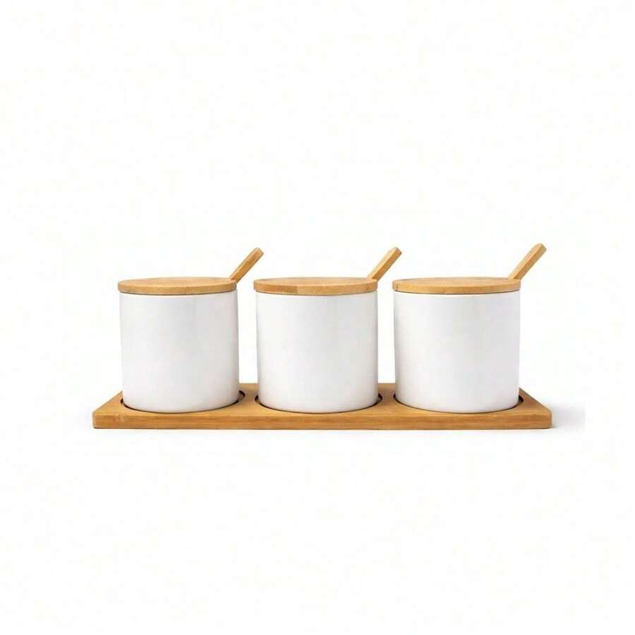 Set Of 3 Ceramic Jars With Lids And Bamboo Spoons + Bamboo Tray For Spices, Sugar, White Or Black Coffee - Blanco - No se permite escribir - Ver 1