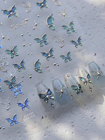 1 Set Luxury Crystal Diamond Nail Stickers With Gold/Silver Frames, Shiny Blue Butterfly Nail Decals, Nail Art Decorations