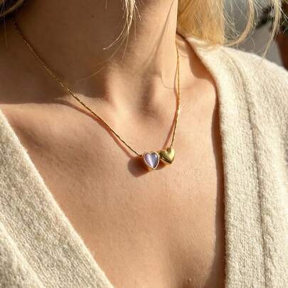 1pc 18K Gold Plated Stainless Steel Double Heart Necklace, Elegant French Style Minimalist Necklace For Women, Fashionable Delicate Versatile Casual Wear