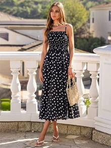 Women's Summer Boho Spaghetti Strap Smocked Flowy Beach Vacation Maxi Sundress - Black Background With White Dots - View 6