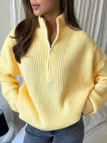 Women's Simple Ribbed Solid Color Casual Korean Textured Commuter Loose Versatile Stand Collar Zipper Half-Placket Pullover Long Sleeve Sweater, Spring/Autumn/Winter - 黃色 - 查看 12