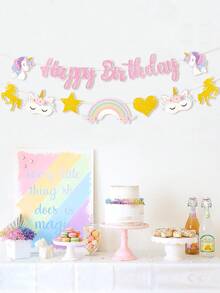 1件独角兽“生日快乐”横幅，生日拉旗，生日背景布，生日装饰，女孩生日派对背景布，女孩生日派对用品，一周岁生日横幅，拍照道具，婴儿派对装饰，家居装饰，房间装饰，客厅装饰，独角兽装饰 - 獨角獸 - 查看 3