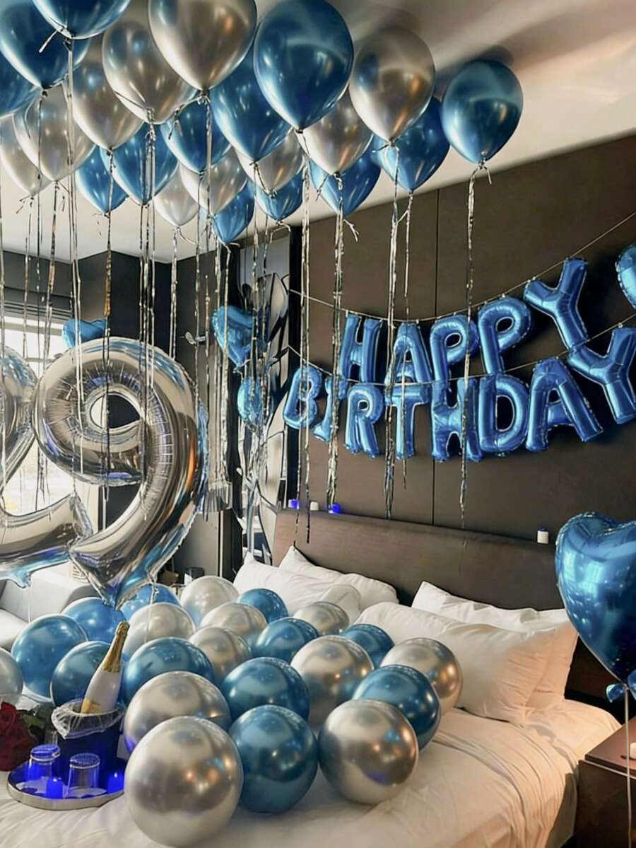 Bộ 48 bóng bay sinh nhật màu bạc và xanh dương, bao gồm 16 bóng bay chữ "Happy Birthday" màu xanh dương và các bóng bay cao su màu xanh dương và bạc, bóng bay chữ "Happy Birthday" bằng giấy bạc dùng để trang trí tiệc sinh nhật, bóng bay tạo bất ngờ lãng mạn cho bữa tiệc. - Nhiều màu - Xem 1