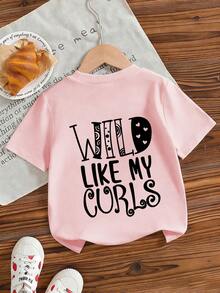 女童休闲趣味印花圆领短袖T恤，夏季上衣 - 粉色 - 查看 6