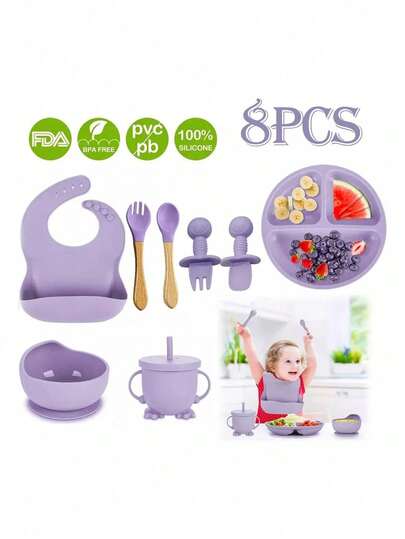 Juego de Platos y Cubiertos para Bebé de Silicona, Set de 8 Piezas, Babero, Plato, Tazon y Cubiertos, Seguros y Resistentes