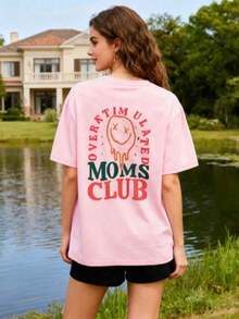 1pcsWomen's Summer Overstimulation Mom Club Graphic Print Round Neck Short Sleeve Simple Casual Everyday Black Plus Size-Shirt Tops, Mom Birthday Grap - 粉色 - 查看 8