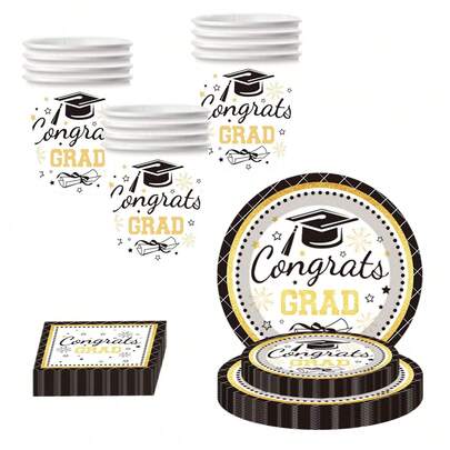 Black & Gold Graduation Disposable Tableware Set - 10pcs Includes 9/7 Inch Plates, 9oz Cups And Napkins Printed With Graduation Cap & Diploma Pattern, Suitable For Graduation Parties, Celebrations And Outdoor Gatherings
