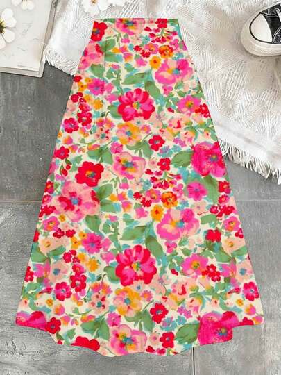 Floral Midi Skirt Pink And Red Flowers With Green Leaves And Yellow Accents For Spring Summer Outings And Casual Wear