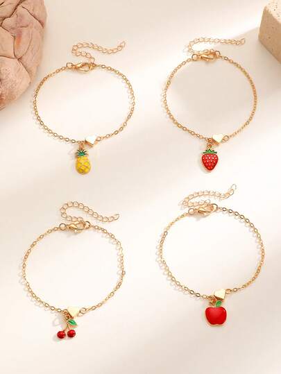 1pc Korean Minimalist Sweet Fruit Series Heart Cherry Pineapple Pendant Bracelet, Fashionable Elegant Summer Daily Wear & Party Accessory For Women