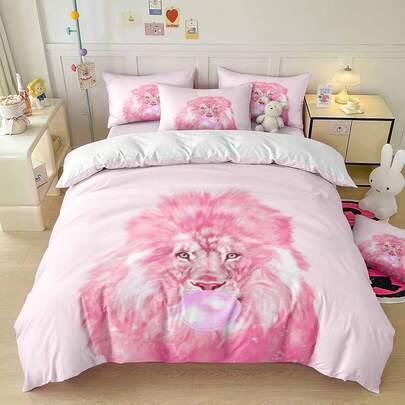 2/3件套 3D 印花粉色狮子泡泡水彩鬃毛被套 现代甜美图案床上用品套装 泡泡咆哮被套套装（尺寸 135x200，仅含 1 个枕套）
