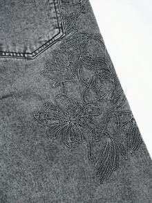 Pantalones cortos capri de mezclilla de pierna ancha con bordado para hombres - Gris - Ver 4