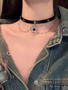 1 buah Kalung Choker Bintang Vintage Premium dengan Tampilan Usang, Rantai Tulang Selangka Gaya Punk Gelap untuk Wanita, Cocok untuk Pemakaian Sehari-hari - Perak - View 4