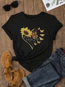 Talla unisex.Camiseta de algodón de talla grande de verano para mujer.Playera bandera de México para mujerSunflower & Butterfly Print Tee Graphic Tees Women TopsMaterial absorbente del sudor, suave y agradable para la piel. - Negro - Ver 1