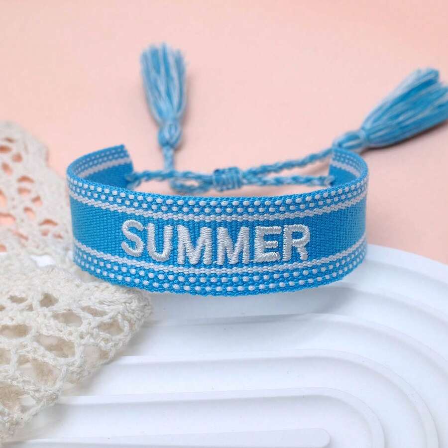 1条复古刺绣“SUMMER”字样手工编织波西米亚风手链,适合送给家人、朋友、学生,也适合旅行和派对佩戴。 - 藍色 - 查看 1