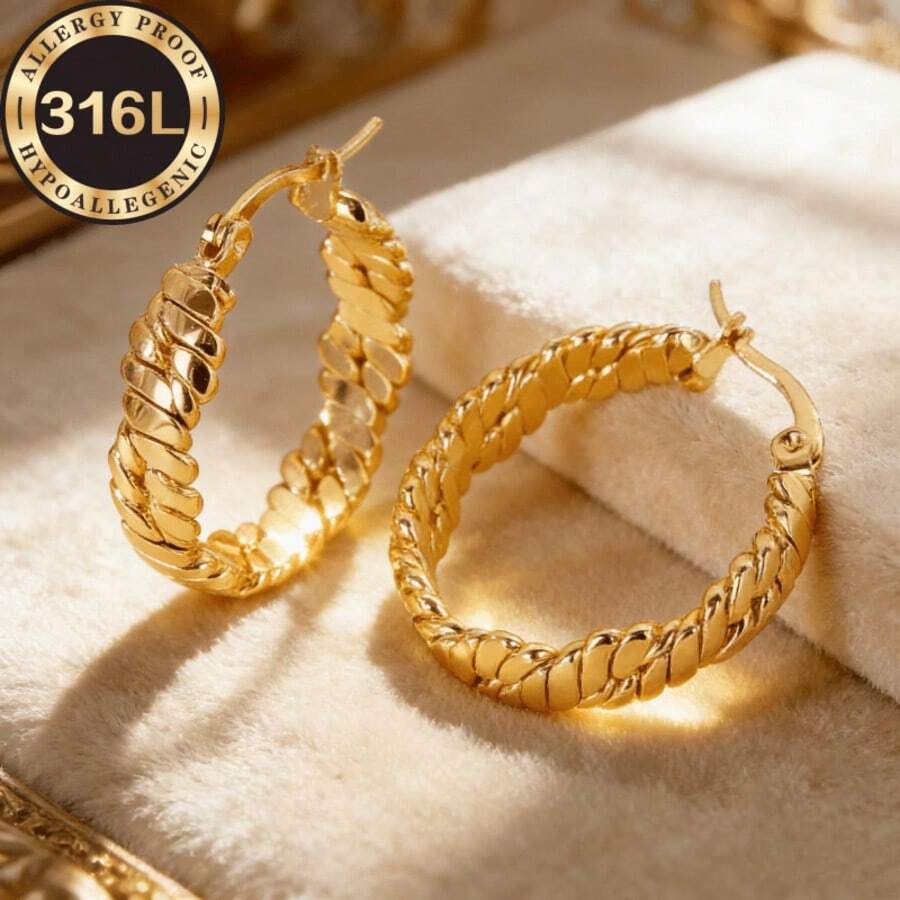 高品质不锈钢低过敏性金色圆环耳环，扁平四线圆形耳环，金银色可选。不易褪色，佩戴舒适百搭，简约优雅，适合日常佩戴或参加派对，时尚珠宝配饰，是送给女性的精致礼物。 - 金色 - 查看 1