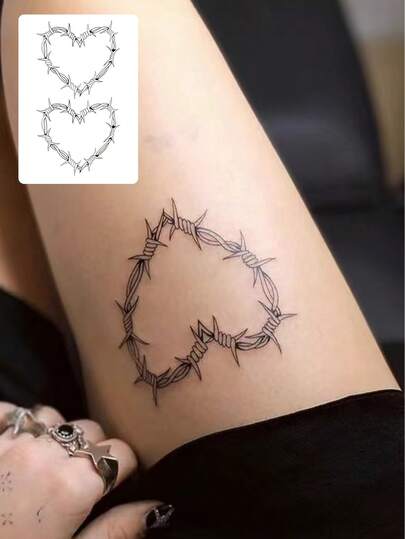 1张持久7-14天的草本临时纹身贴纸，简约抽象花卉、荆棘、心形图案，适用于手部、腿部，防水时尚纹身贴纸，适合人群使用。