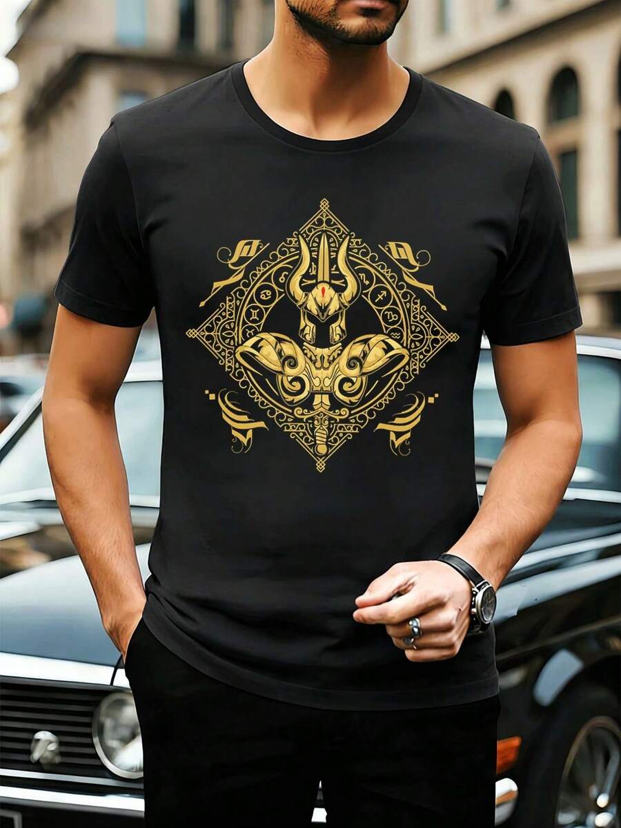 Camiseta vintage dorada con calavera gótica, 100% algodón, estilo hip-hop urbano, cómoda, resistente, estampado gráfico único. - Negro - Ver 1