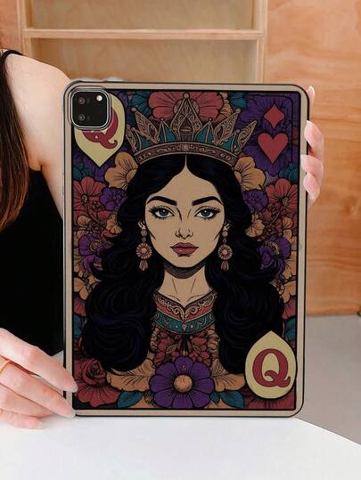 Red Spades Queen Print Tablet Protective Case, Vintage Floral Pattern Soft Silicone Matte Black Anti-Drop Cover, Compatible With IPad Pro 11", Air 2, Air 5th Gen 2022, Air 11" (M2) 2024, Air 11" (M3) 2025, 10th Generation