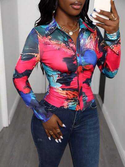 KWJA Camisa de botones con estampado abstracto de tela tejida, talla grande, apta para el hogar, uso diario y vacaciones, para todas las estaciones