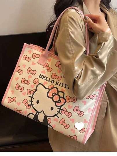 SANRIO Bolso de tela tipo tote con diseño de princesa de dibujos animados - Bolso de lona grande y duradero, adecuado para el trabajo y las compras - Perfecto para ella, diseño divertido, estructura resistente con lazo rosa y diseño de corazón, ideal para vacaciones, fiestas y uso diario, Cartera y bolso tipo tote de Hello Kitty, asas resistentes, bolso de estilo lindo para mujeres, Acción de Gracias