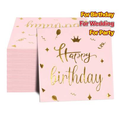 Bộ khăn ăn dùng một lần Gold Crown 10/20/50 chiếc cho tiệc sinh nhật, khăn ăn 2 lớp in chữ "Chúc mừng sinh nhật", kích thước khi mở ra 33cm*33cm, thích hợp cho: Trang trí tiệc cưới, tiệc trà, đồ dùng tiệc tùng, trang trí ngày lễ, sự kiện và tiệc tùng.
