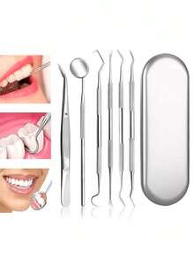 6/4/1 不锈钢牙齿清洁工具套装，专业牙齿清洁和口腔卫生工具，包括不锈钢牙签、洁牙器、牙垢去除器，适用于牙医、个人和宠物使用，配有收纳盒，是每个家庭的必备品，也是馈赠亲朋好友的绝佳礼物。 - 彩色 - 查看 2