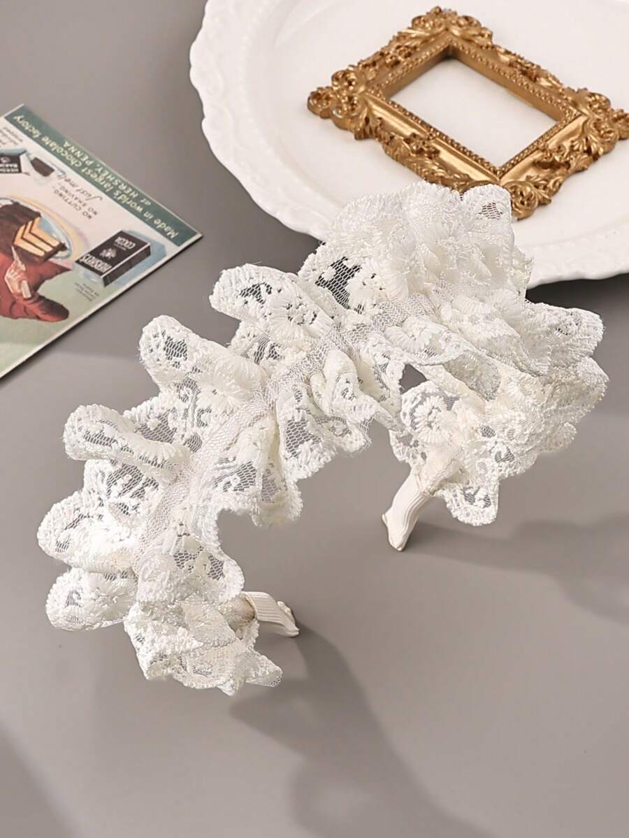 1pc Delicate Sweet White Lace Embroidered Floral Headband, Elegant Versatile Princess Style Hair Accessory, Perfect Birthday Gift Hairband - Multicolor - View 1