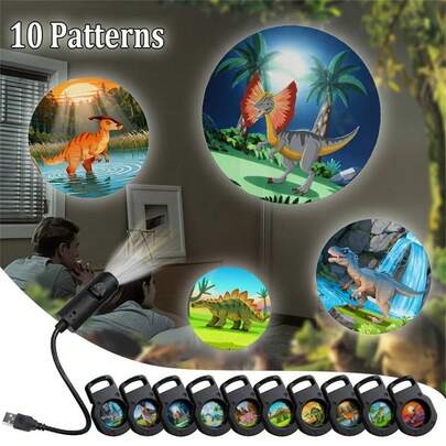 一套3/6/10个图案LED恐龙投影灯，恐龙图案灯，恐龙夜灯，360°可调节，非常适合房间和娱乐空间，恐龙主题房间装饰