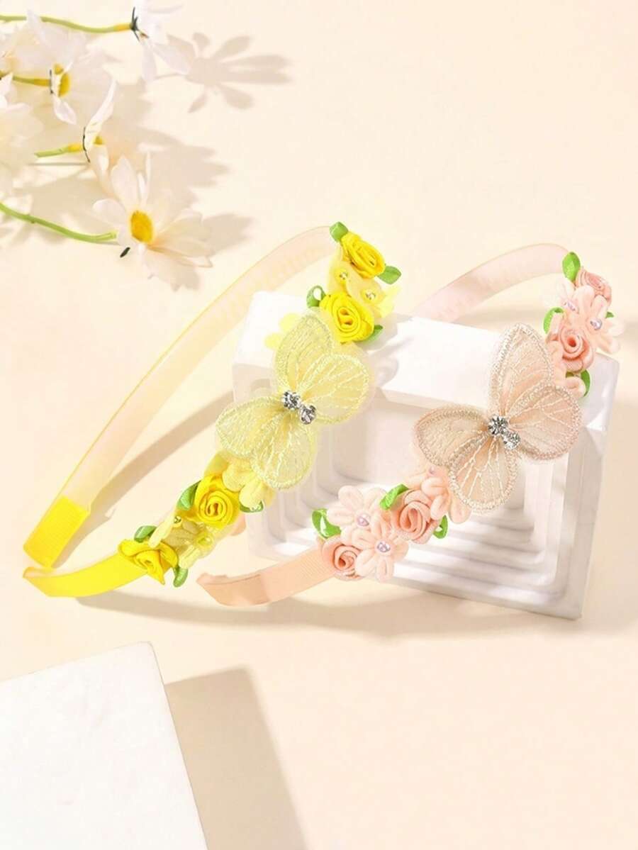 2件套女孩蝴蝶发箍,玫瑰花和网纱蝴蝶装饰发箍,少女发饰,适合日常佩戴,可爱蝴蝶发箍 - 彩色 - 查看 1