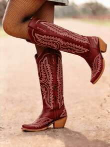 New Fall Fashion 2025 For Women Point Toe Block Heel Embroidery Pattern Outdoor Comfortable Western Style Music Festival Halloween Christmas Winter Boots - 紅色 - 查看 1