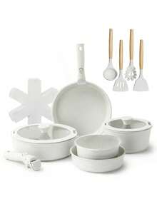 17 Piece Non-Stick Ceramic Cookware Set, Newly Upgraded Button-Type Detachable Handle, Oven  480°F, Induction Compatible, All-In-One Fry Saute Stew Simmer, Stackable Space Saving Pots & Pans With Utensils, Lids, Pot Pads - White - View 1