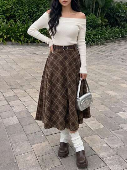 Rikumo 女士格子印花复古休闲通勤半身裙 春季