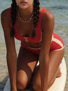 Women's 2 Piece Swimsuits Contrast Color High Waisted Bikini Set Summer Bathing Suits - Red - View 3