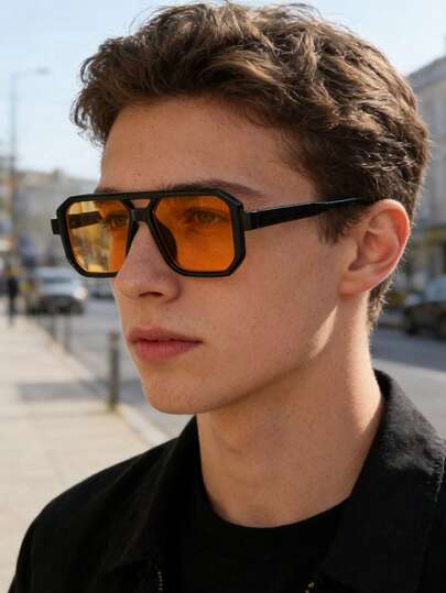 1 pieza Montura de gafas cuadrada de aviador clásica con doble puente para hombres, gafas de moda elegantes minimalistas y versátiles para uso diario, estilo callejero, viajes y vacaciones, con estuche