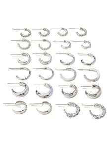 24pcs/Set Minimalist Fashion Versatile Stud Earrings Set, Including Plain, Twisted, Rhinestone Designs, Suitable For Women's Daily Wear, Dates, Vacations, And Holiday Gifts - Silver - View 2