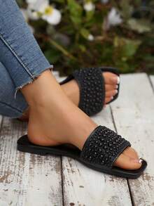 Plus Size Women's Sandals, Backless Summer New Silver Square Toe Flat Sandals, Fashion Non-Slip Soft Bottom Rhinestone Slippers, Suitable For Dresses, Legs Appear Longer, Beach Shoes For Ladies - Black - View 7