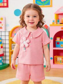 Baby Girls' Summer Waffle Knit Set, Including: Short Sleeve Top With Ruffled Collar, Floral Decor & Buttons; Matching Shorts; Soft & Breathable Waffle Fabric; Elevated With Intricate 3D Decorations; Suitable For Casual Outings And Light Social Occasions In Summer; Comfortable And Easy To Wear & Style - Pink - View 2