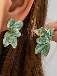 1 Pasang Anting Tusuk Bunga Tetes Minyak Paduan Logam Sederhana Bergaya - Mint Green - View 6