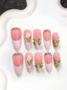 10件套轻奢甜美风手工美甲套装，凝胶美甲套装，包含蝴蝶结、蝴蝶结、爱心美甲配件和捏花瓣美甲装饰，粉白色指甲油，高端法式风格，附赠美甲工具（1张果冻贴纸+1把指甲锉），三种尺寸可选：杏仁形、鸭形、棺材形，适合聚会、日常、派对、拍照、玩乐、约会、春夏、通勤等场合。 - 彩色 - 查看 17