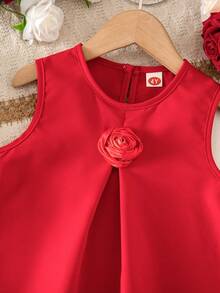 1pc Girls Cute Fashionable 3D Rose Flower Solid Color Ruffle Hem Sleeveless Dress - Red - View 4