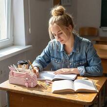 粉色条纹猫耳设计铅笔盒，大容量笔袋，学生拉链文具袋，适用于学校和办公室 - 粉紅色 - 查看 8