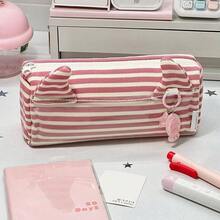 粉色条纹猫耳设计铅笔盒，大容量笔袋，学生拉链文具袋，适用于学校和办公室 - 粉紅色 - 查看 14
