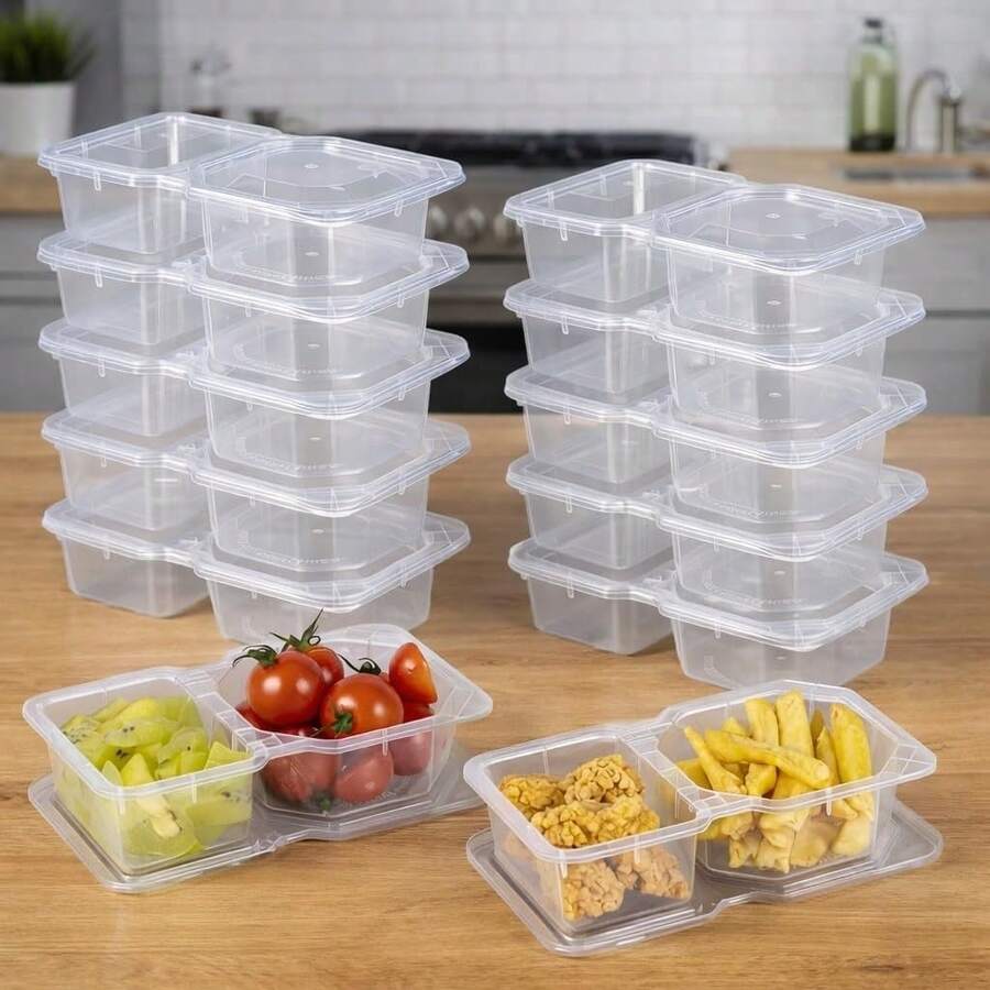 12pcs/24pcs Small 2-Compartment Plastic Food Storage Containers With Lids, 8oz Capacity, Suitable For Portion Control, Meal Prep, Lunch, Travel, Camping, Office - View 1